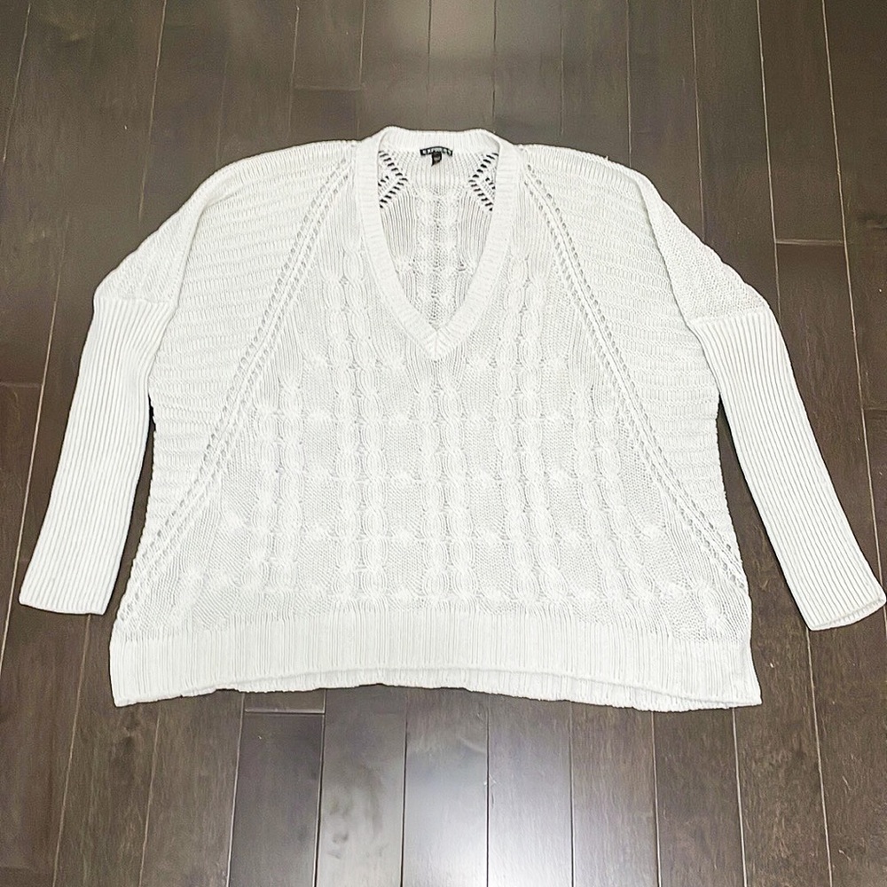 Express Light Blue/white Cable Knit Oversized V-Neck Sweater Small Chunky Knit